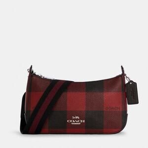 New Coach Jes Baguette With Buffalo Plaid Purse/Coated Canvas/Red-Black